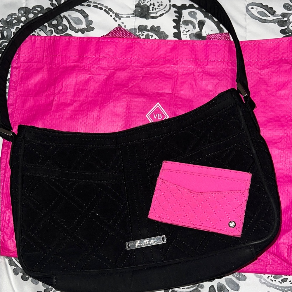 Vera Bradley Black Shoulder Bag with Pink Cardholder and reusable bag.